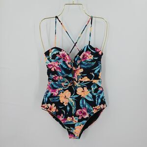 Ambrielle One Piece Swimsuit Womens L Black Floral Tropical Resortwear Aesthetic